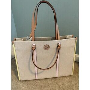 Tory Burch Blake Canvas Jumbo Tote Bag Pink Pastry Yellow Work Laptop Large NWT